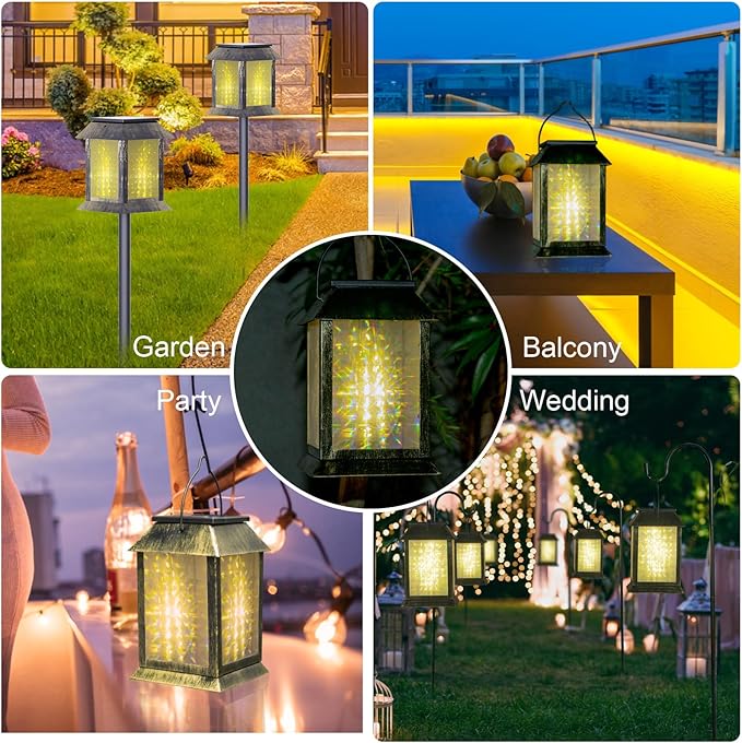 2 Pack Solar Lanterns Outdoor Waterproof, 3D Hanging Solar Lights, Type-C Rechargeable LED Pathway Lights with 2 Modes (Steady & Flashing), for Garden Decor, Patio, Yard, Camping