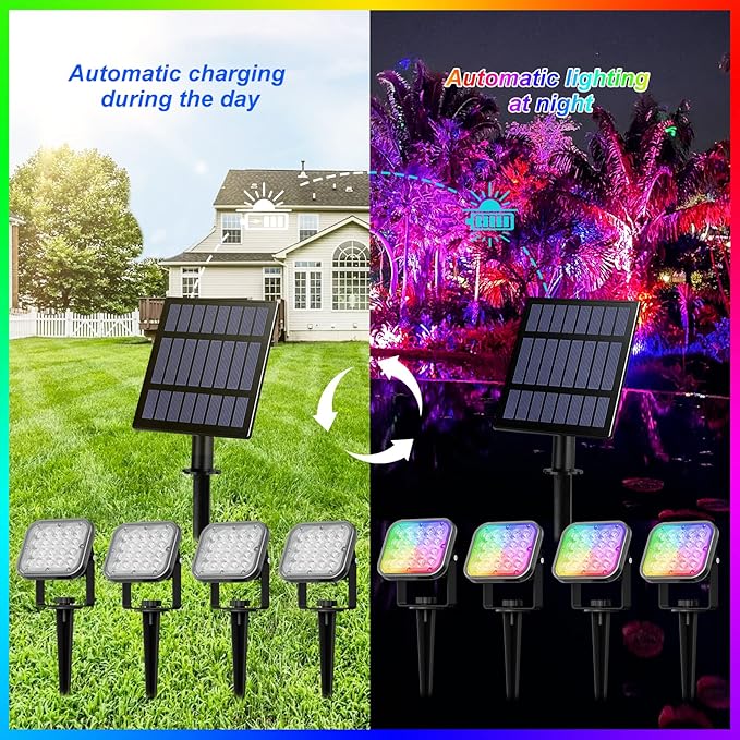 T-Sun Solar Spotlights Outdoor, 4 in 1 Color Changing Solar Landscape Spot Lights Auto ON/Off RGB Solar Garden Pond Lights for Yard, Pathway, Driveway, Pool Area(RGB)