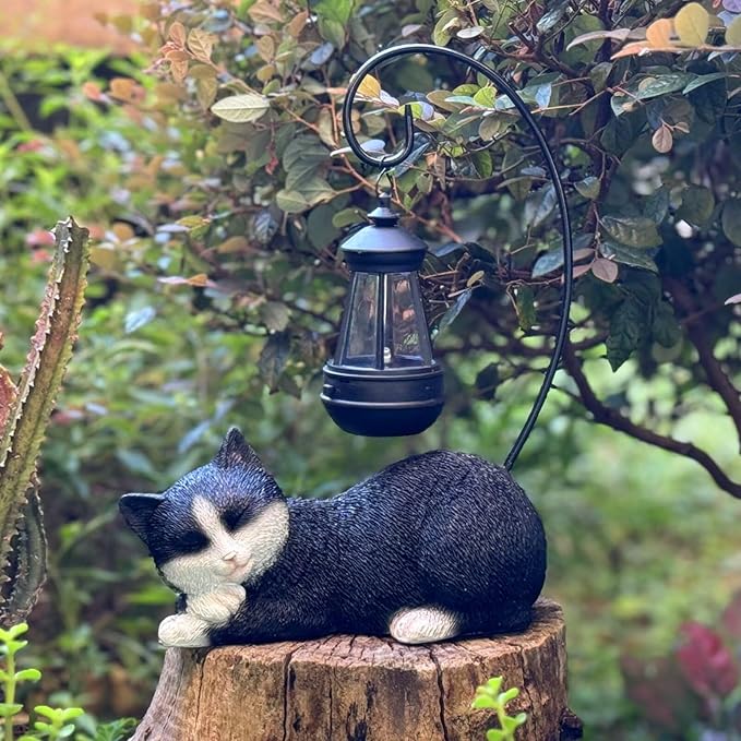 Solar Cat Statues with Lantern for Garden Outdoor Statue, Garden Lawn Outdoor Cat Statue, Cat Figurines Crafted Garden Sculptures & Statues for Patio, Yard, Lawn & Porch Gardening Gifts for Mom(13")