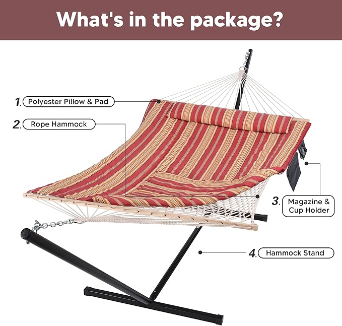 SUNCREAT Hammocks Portable Hammock with Stand, Hammock with Stand 2 Person Heavy Duty for Bedroom, Backyard, Patio, Balcony, Red Stripe