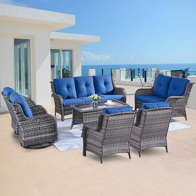 Outdoor Wicker Furniture Patio Set - 7 Piece Backyard Furniture Grey Rattan Conversation Sets with Swivel Rocker Chairs, Rattan Sofa, Club Chairs and Coffee Table, Blue Cushion