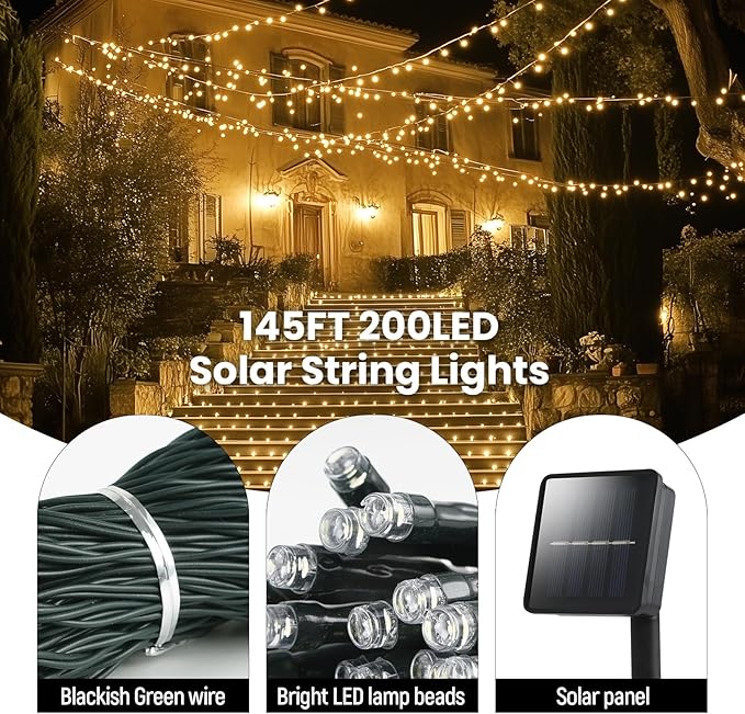 Solar String Lights for Outside, 2 Pack 200 Led Solar Christmas Lights Outdoor Waterproof 82ft Solar Fairy Lights 8 Lighting Mode Solar String Lights Idea for Garden,Courtyards,Trees(Warm White)