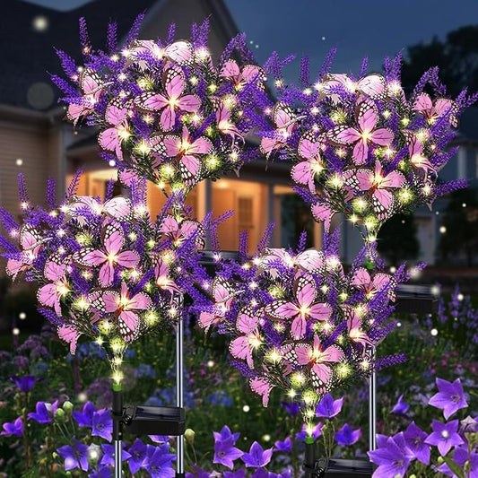 Solar Garden Lights Outdoor, 4 Pack Purple Lavender Solar Butterfly Lights Gardening Gifts for Women, Solar Artificial Flower with Butterfly Purple Garden Decor for Lawn Patio-Warm White