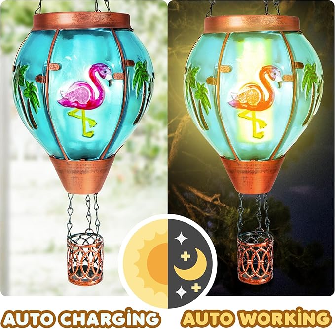 Flamingo Solar Hot Air Balloon Lantern, Outdoor Decor with Flame Lights Waterproof, Hanging Lights for Garden Yard Lawn Patio, Unique Gifts for Women Mom Grandma Gardener for Mother'Day