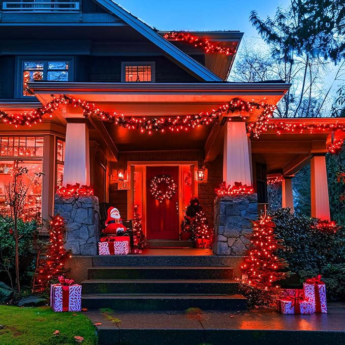 JMEXSUSS Red and Green Solar Christmas Lights Outdoor Waterproof, 2 Pack 100 Led 33ft Color Changing Christmas Lights, 8 Modes Solar String Lights for Christmas Tree Decor