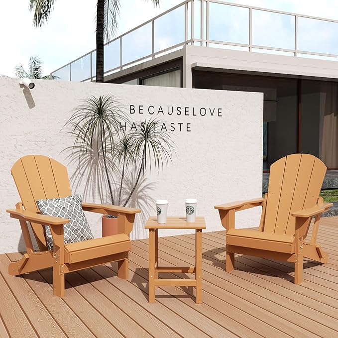 WO Home Furniture Adirondack Chair Table Set of 2 PCS Outdoor Folding Chair w Side Table Weather/UV Resistant for Lawn, Garden, Bon Fire, Balcony (Teak)