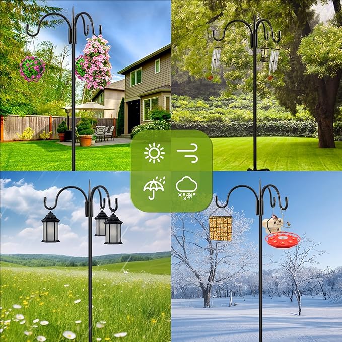 FEED GARDEN [Upgrade Version 92 Inch Three Shepherd Hooks for Outdoor,Bird Feeder Pole with 5 Prong Base, Adjustable Shepard Hooks for Hanging Plant, Solar Lanterns, Wind Chimes, 2 Pack