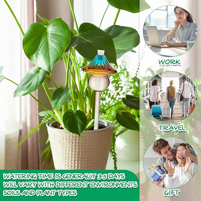 Plant Watering Globes Mushroom, Rainbow Gradient Color Glass Watering Bulbs, Self Watering Planter Insert, Self Watering Globes - Plant Watering Devices for Travel Vacation (4 PCS)