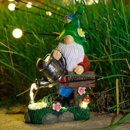 mopha Garden Gnomes Statues Outdoor Decor with Watering Can Solar Lights Resin Figurines Outside Decoration for Patio Yard Lawn Porch Ornaments Clearance Gardening Gift
