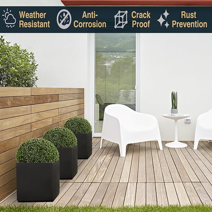 Metallic Heavy Cube Planter Box, No Assembly Required, Seamless Large Black Outdoor Planter 17”Lx17”Wx20”H 24Pounds Black with Hand Brushed Gold Rim