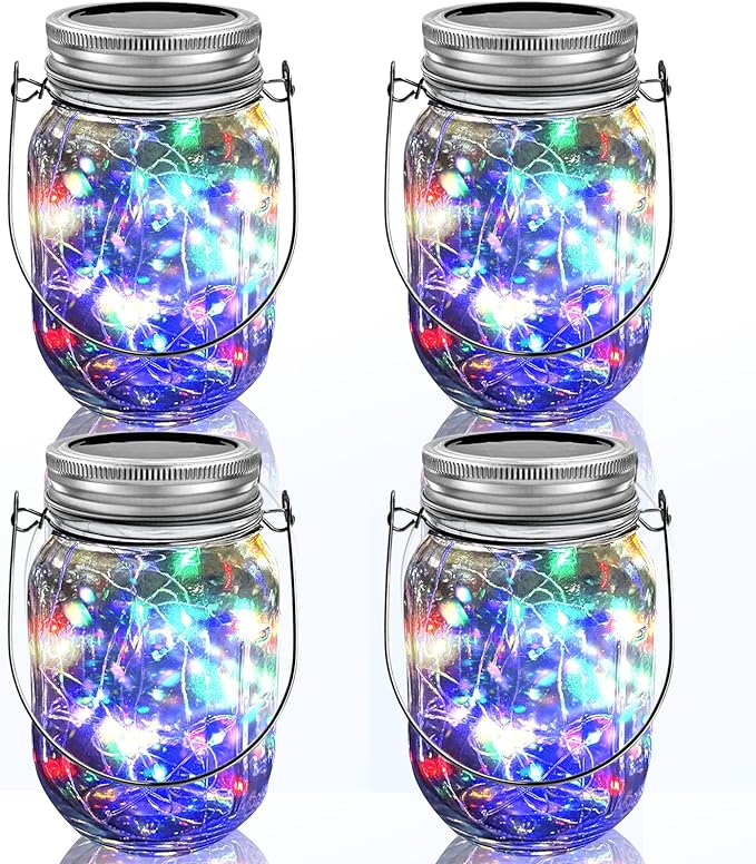 Hanging Solar Mason Jar Lights,ZQX 4 Pack 20 Led String Hanging Mason Jar Lanterns for Outdoor,Great Decor Light for Outside Patio Garden Yard Fence Wedding Table,Hangers and Jars Included（Multicolor）