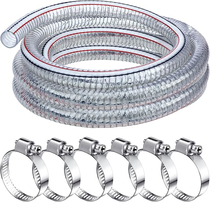 Frienda Heavy Duty Steel Wire Flexible Tubing with Fasteners PVC High Pressure Drain Hose Tube Pond Tubing Clear Wire Reinforced for Pond Bilge Pump Vacuum Suction Hose(10 Ft, 1.5 Inch Id)