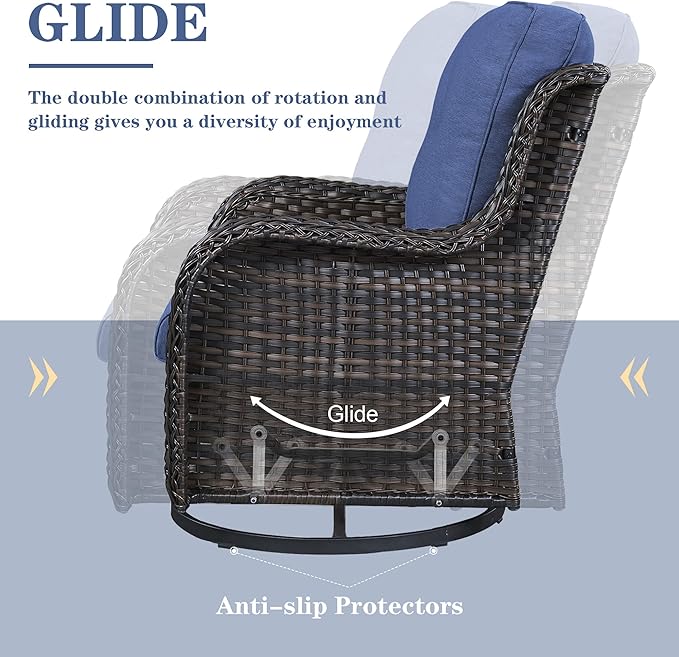 Outdoor Patio Furniture Set with Propane Fire Pit Table, 7 Pieces Wicker Patio Conversation Set with 2 Swivel Glider Rocker Chairs Rattan Sofa Blue Cushion Perfect for Casual Gathering