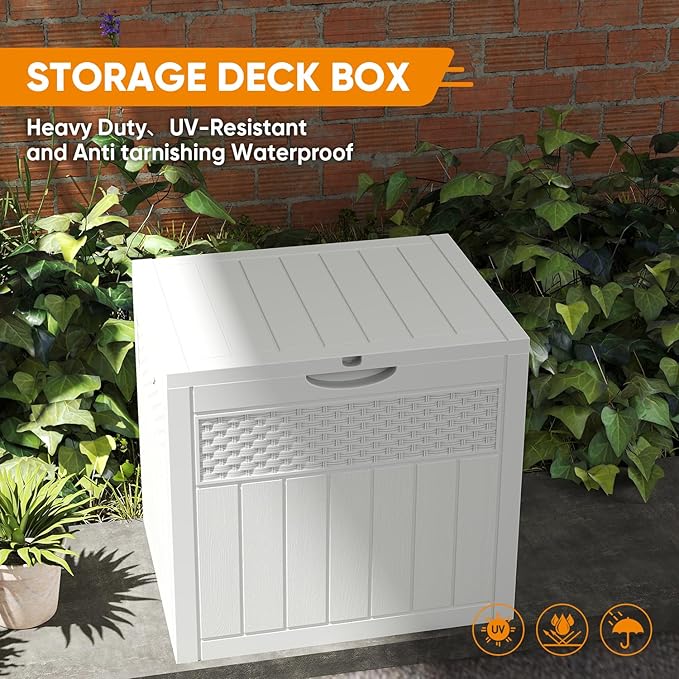 33 Gallon Resin Deck Box, Weatherproof Outdoor Storage Box for Patio, Garden and Yard, Lockable Waterproof Bin for Tools, Cushions, and Accessories, White
