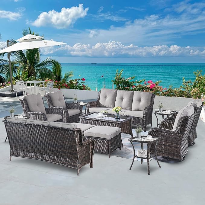 Wicker Patio Furniture Sets - 13 Piece Outdoor Rattan Furniture Conversation Sets with 4 Swivel Rocker Chairs, 2 Rattan Sofas, Wicker Ottomans and Coffee Table, Brown/Grey