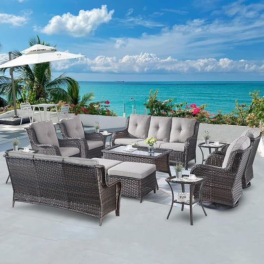 Wicker Patio Furniture Sets - 13 Piece Outdoor Rattan Furniture Conversation Sets with 4 Swivel Rocker Chairs, 2 Rattan Sofas, Wicker Ottomans and Coffee Table, Brown/Grey