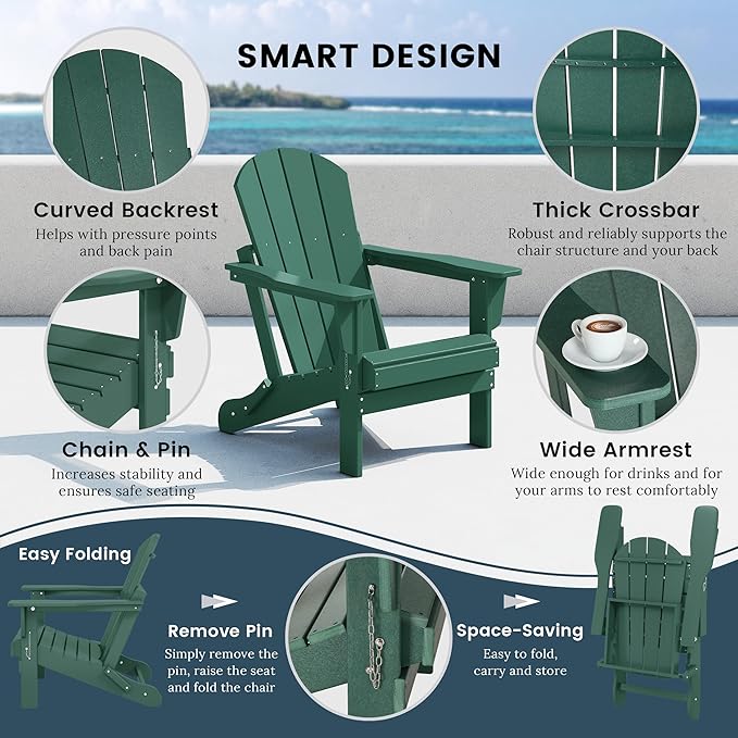Westin Outdoors Laguna WO Outdoor Adirondack Folding Patio Chairs 8 PCS Set Retro Beach Aesthetic for Backyard, Lawn, Patio, Deck, Garden, Weather Resistant Polyethylene Plastic Lounger (Dark Green)