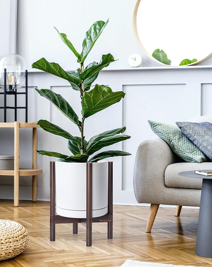 D'vine Dev Ceramic Planter with Walnut Color Stand - 12 Inch Modern Round Flower Pot with Wood Planter Holder, White, 55-B-W-1