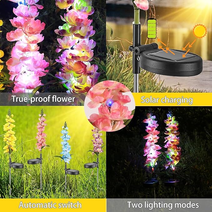 Solar Delphinium Flowers Lights Waterproof Color Lights Upgraded Solar Panel 2 Light Modes Solar Waterproof LED Solar Lights Outdoor for Yard Garden Lawn Pathway Decoration (6)