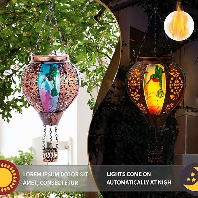 Hot Air Balloon Solar Lantern Hummingbird Lights, Flickering Flame Solar Hanging Lights for Outside,Waterproof for Garden Yard Patio Porch Decoration（Hummingbird）