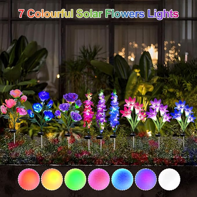 Solar Garden Lights - 6 Pack Solar Flowers with Lily Rose Delphinium, Waterproof Gardening Gifts for Mom, Grandma, Women - Multi-Color Changing Outdoor Lights for Garden, Yard, Patio, Lawn