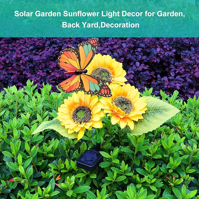 Solar Sunflower Lights Outdoor Garden Lights, 2 Pack Solar Flower Lights with Butterfly Waterproof Garden Decor, Gifts for Mom Grandma, Sunflower Stake Led Lights for Yard Patio Lawn Pathway Outside