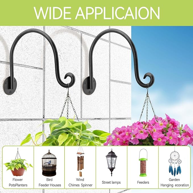 AJART Hanging Plant Hanger Outdoor: Bird Feeder Wall Hooks - 8 Inch Plant Bracket Hook for Hanging Flower Baskets 2 Pieces