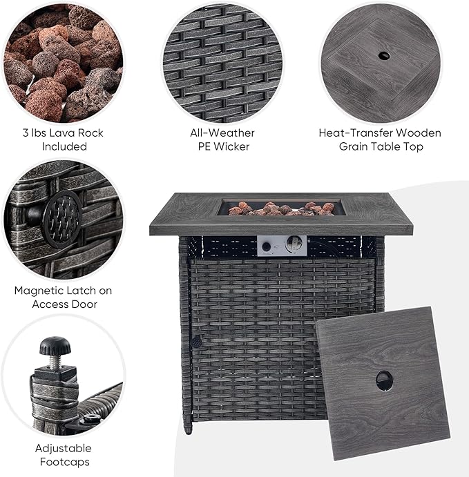 Outdoor Sectional Sofa Furniture Set with Propane Fire Pit Table, Wicker Patio Conversation Set with 2 Swivel Glider Rocker Chairs Blue Cushion Perfect for Backyard Casual Gathering