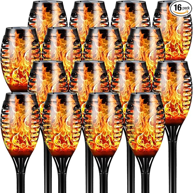 Otdair Solar Outdoor Lights, 16 Pack 12LED Solar Tiki Torches with Flickering Flame, IP65 Waterproof Mini Solar Torch Lights Auto On/Off for Garden, Patio, Yard, Pathway