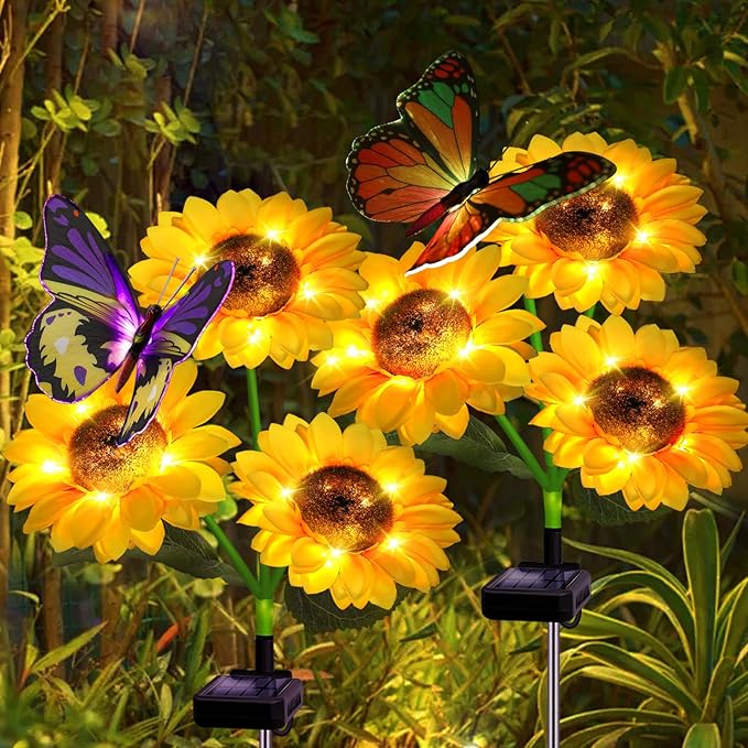 Solar Sunflower Lights Outdoor Garden Lights, 2 Pack Solar Flower Lights with Butterfly Waterproof Garden Decor, Gifts for Mom Grandma, Sunflower Stake Led Lights for Yard Patio Lawn Pathway Outside