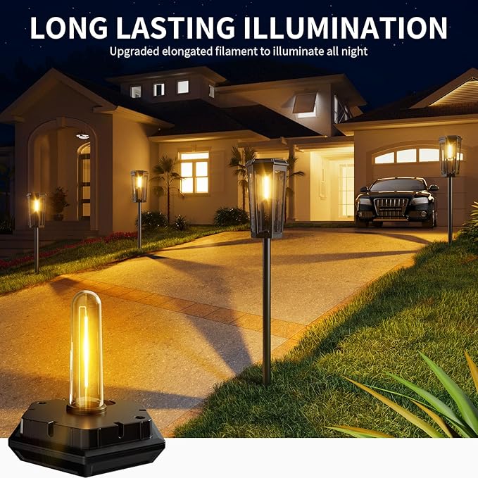 KINKAI Solar Walkway Lights Outdoor - 8 Pack Classic Pathway Light Waterproof Driveway Lamps Landscape Lighting with Filament Bulb for Outside Garden Lawn Patio Sidewalk Yard (Warm Light)