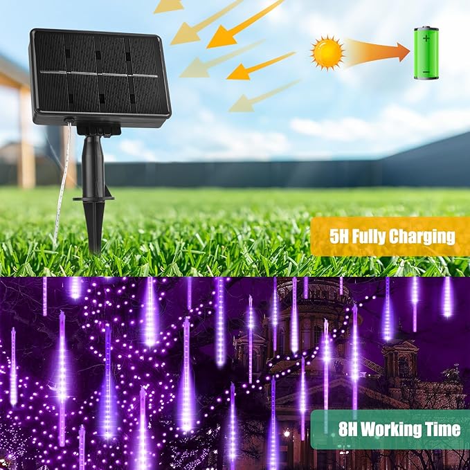 Purple Solar Meteor Shower Lights, 116 Inches 20 Tube 720 LED With 16 Tubes, Icicle Fairy String for Christmas Decorations Tree Party Yard