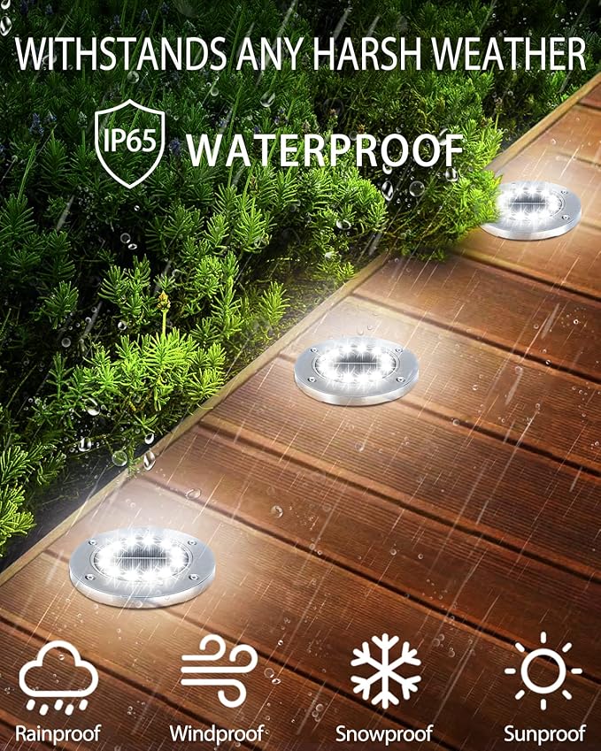 Coroor Solar Ground Lights, 12 LED Waterproof Garden Disk Lights for Outdoor Pathway, Yard, Lawn, Patio, Walkway, Pool (12 Packs White)