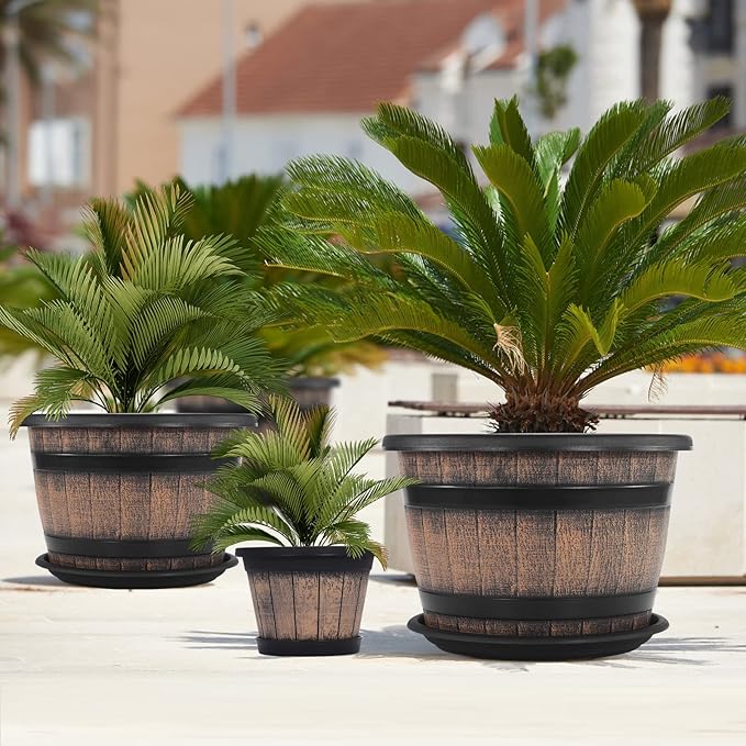 Quarut Plant Pots Set of 3 Pack 9 inch,Whiskey Barrel Planters with Drainage Holes & Saucer.Plastic Decor Flower Pots Imitation Wine Barrel Design,for Indoor & Outdoor Garden Home Plants (Brown)