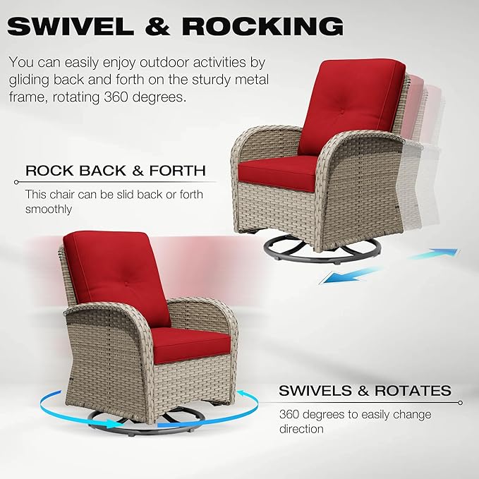 Joyside Outdoor Swivel Rocker Chairs, 3 Piece Wicker Patio Set with Thick Cushion and Side Table, Rattan Patio Swivel Rocking Chairs for Porch, Deck Use (Natural/Red, 3 PCS)