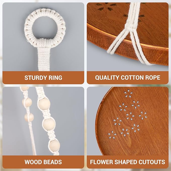 SUREAM Macrame Plant Shelf Hangers, Large Hanging Baskets for Plants with Flower CutOuts and Handmade Cotton, Indoor Outdoor Plant Hangers with Wood Tray for Garden Home Decor - No Plant/Pot Included