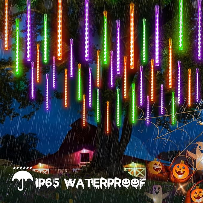 Outdoor Halloween Lights, 2-Pack Meteor Shower Lights Outdoor Waterproof, Total 432 LED 18 Tubes Snow Cascading String Lights Plug in for Party Garden Halloween Decorations (Orange Purple and Green)