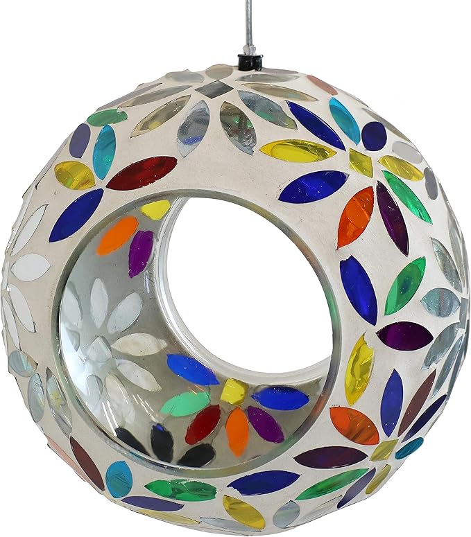 Sunnydaze 6-Inch Glass Mosaic Hanging Bird Feeder for Outdoors - Fly-Through Wild Bird Feeder - Rainbow Daisies