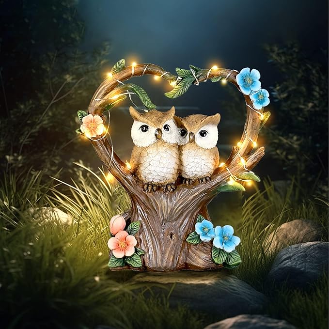 Solar Garden Owl Statue, Owl Figurines with Solar LED Lights for Garden Patio Lawn Ornaments, Indoor Outdoor Decor Waterproof Garden Gift for Owl Lovers 7''