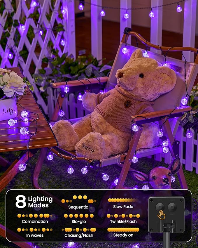 Brightown Purple Solar Halloween Lights Outdoor 60 Led 36 Feet Crystal Globe String Lights with 8 Lighting Modes, Waterproof Solar Powered Patio Lights for Garden Yard Porch Decor (Purple)