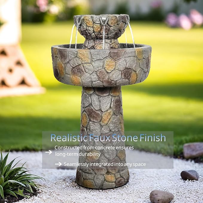 SunJet 25.7” High x 15.3” Diameter Concrete Bird Bath with Faux Stone Finish - Outdoor Water Fountain with Electric Pump - Birdbath for Garden, Patio, Yard, Lawn Décor