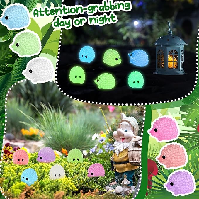 Hiboom 120 Pcs Luminous Mini Hedgehog Figurines Hedgehog Miniature Garden Ornaments Glow in Dark Mini Resin Figures Tiny Animal Figurines Bulk for Garden Micro Landscape Plant Moss DIY Fairy Decor