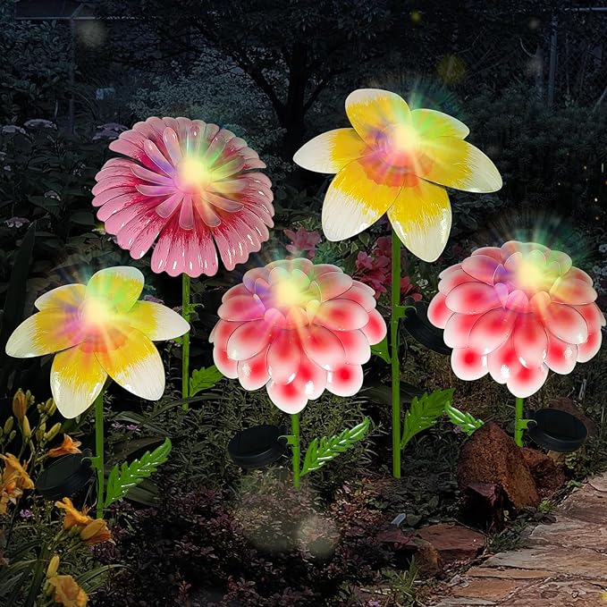 6Pcs 25" Solar Garden Decor for Outside, 3D Metal Flowers for Outside, Valentines Day Decorations Outdoor, Solar Stakes Garden Decor, Yard Art for Lawn Patio Porch Gifts for Her