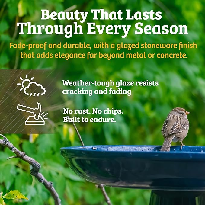 Birds Choice Ohio Stoneware Bird Bath | Pedestal Bird Bath, Stable Locking Top | Weather-Resistant Ceramic Clay, Glazed Finish | Outdoor Garden & Patio Decor | 22" H x 17" D, Midnight Blue