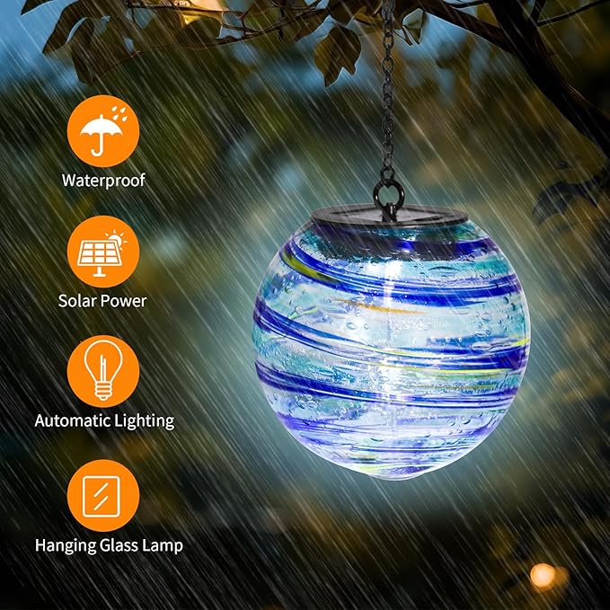 VCUTEKA Solar Chandelier Outdoor, Hanging Glass Solar Light with Hook Up, Garden Lanterns Decor for Yard, Tree and Patio, Starry Blue