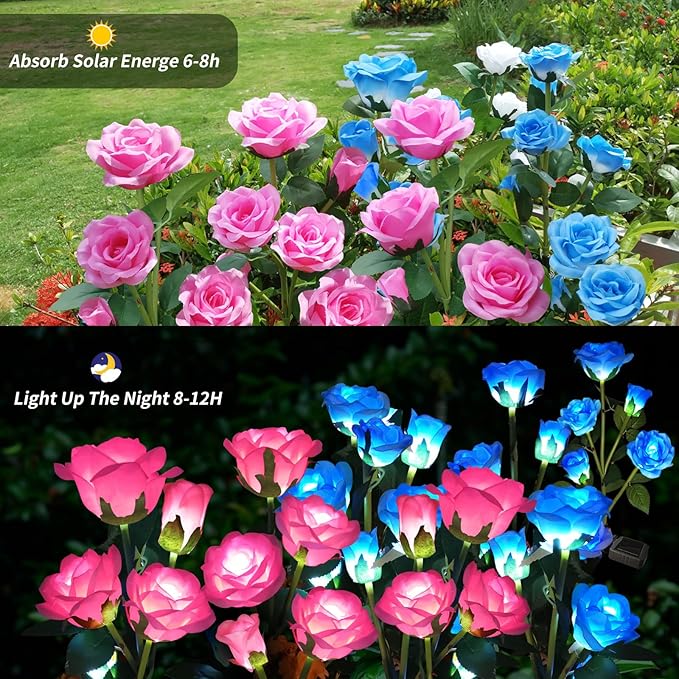 Solar Garden Lights, Solar Outdoor Lights with More Realistic 20 Rose Waterproof Solar Powered Flowers Lights for Outside Patio Yard Pathway Decorations, Blue and Pink