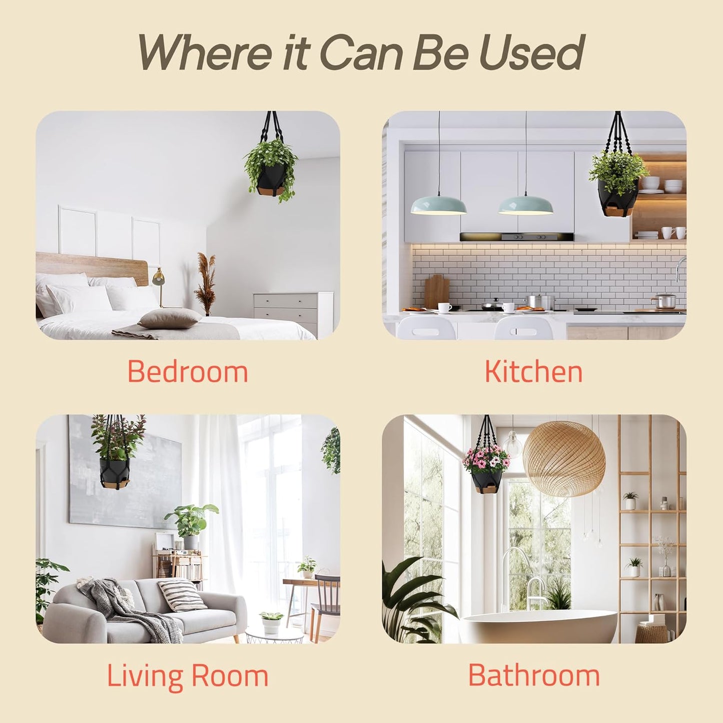 Macrame Plant Hangers for Indoor and Outdoor Use, Set of 3 Hanging Plant Pots Holders with Hooks, Ivory Cotton Rope, Tassel-Free, Fits 6" to 10" Pots, Rope Lengths 35", 26", 20", (No Pots Included)