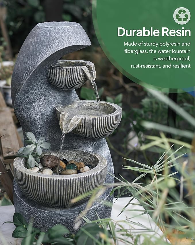 20" H Outdoor Water Fountain, Modern Outdoor Garden Fountains with LED Lighted for Garden, Patio, Deck, Backyard and Home Art Decor