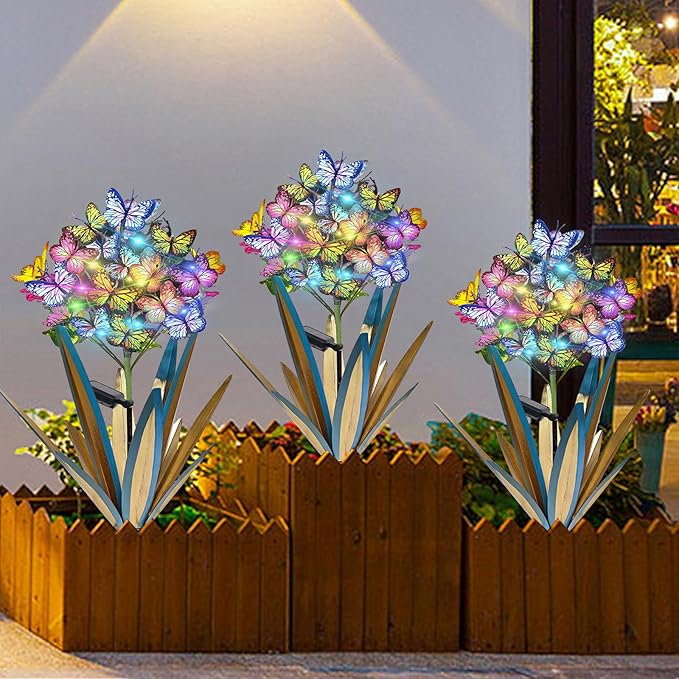Homight Solar Metal Agave Butterfly Flower Stick Garden Sculpture Outdoor Gift Solar Garden Christmas Lights Swaying Butterfly Sunflower Garden Lights Solar Outdoor (3 PCS Blue)