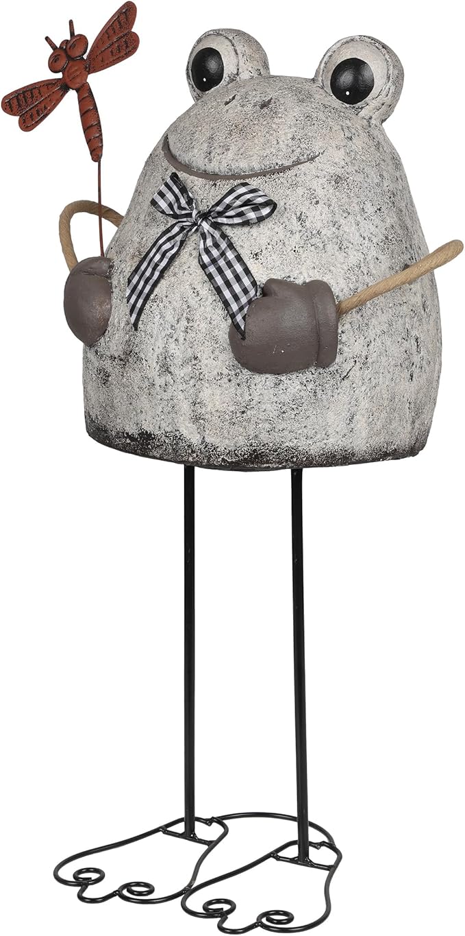 Alpine Corporation MCC862 Indoor/Outdoor Frog with Dragonfly Garden Statue, Stone Finish Frog Statue for Yard, 24" H, Silver